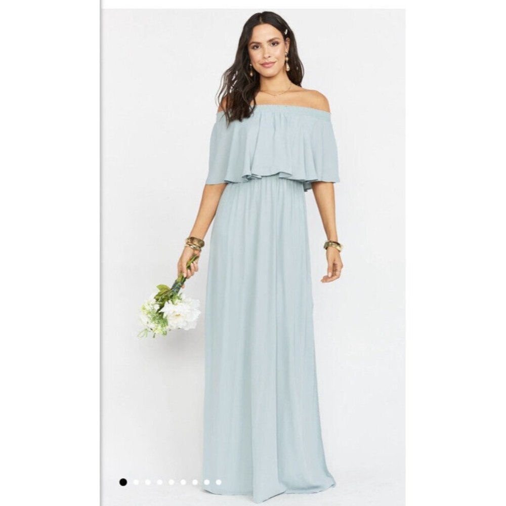 Show Me Your MuMu Hacienda Maxi‎ Dress Size S Silver Sage Crisp Off Shoulder